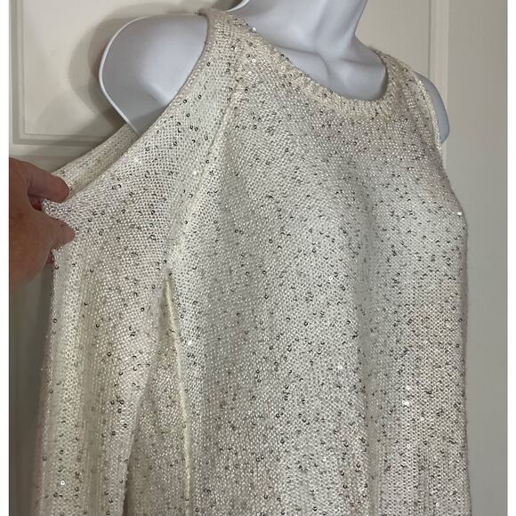 Jessica Simpson Abbey White Cold Shoulder Sequin Sweater/Chiffon Top XS - Picture 2 of 9